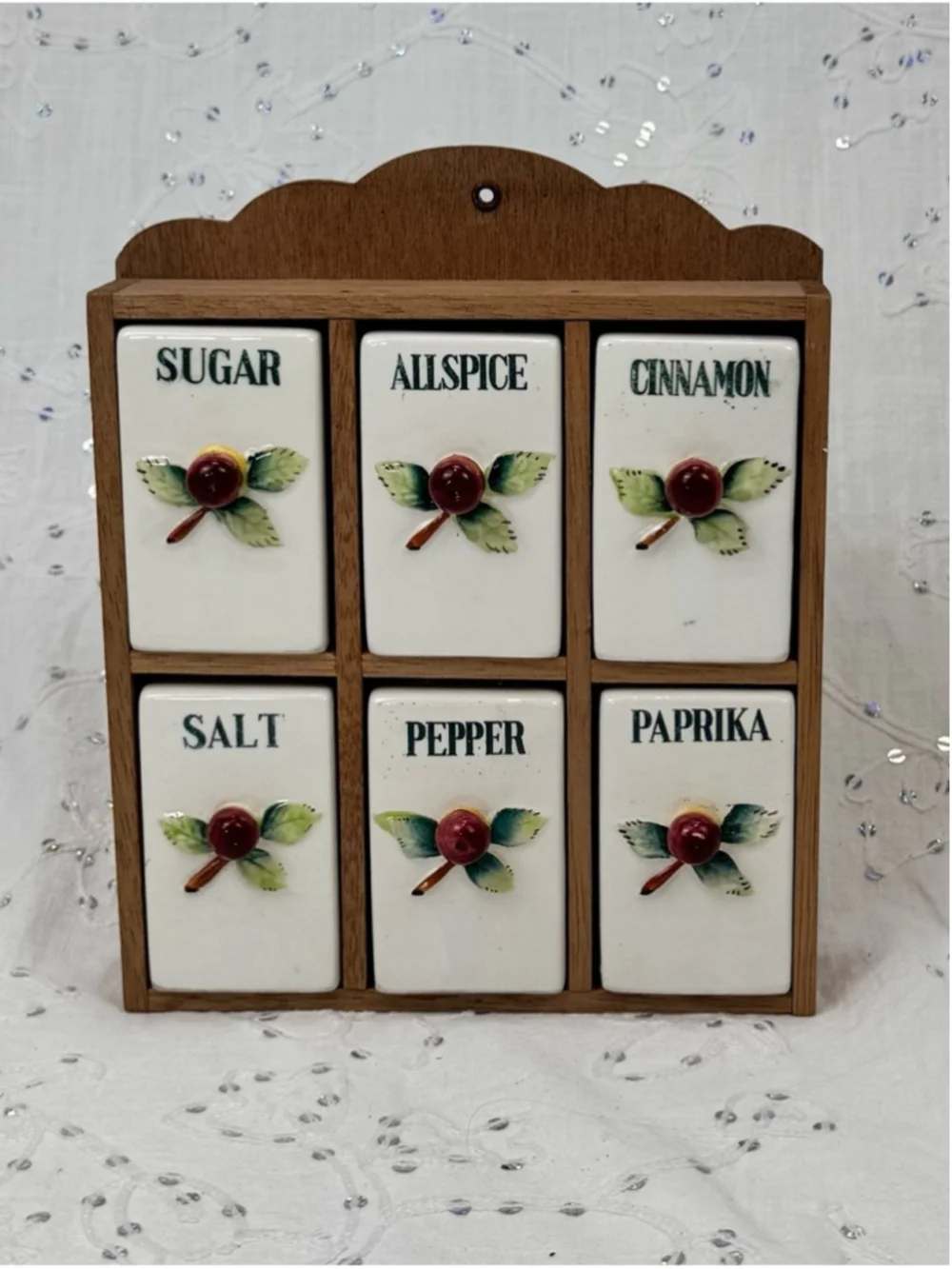 Vintage Ceramic Wall Spice Rack Set - Hand Painted Cherry Spice Shakers